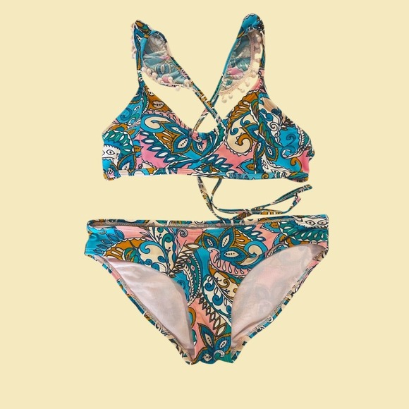 Other - Teal Pink Paisley Bikini Set Two Piece Swimsuit Boho Tie Back SMALL